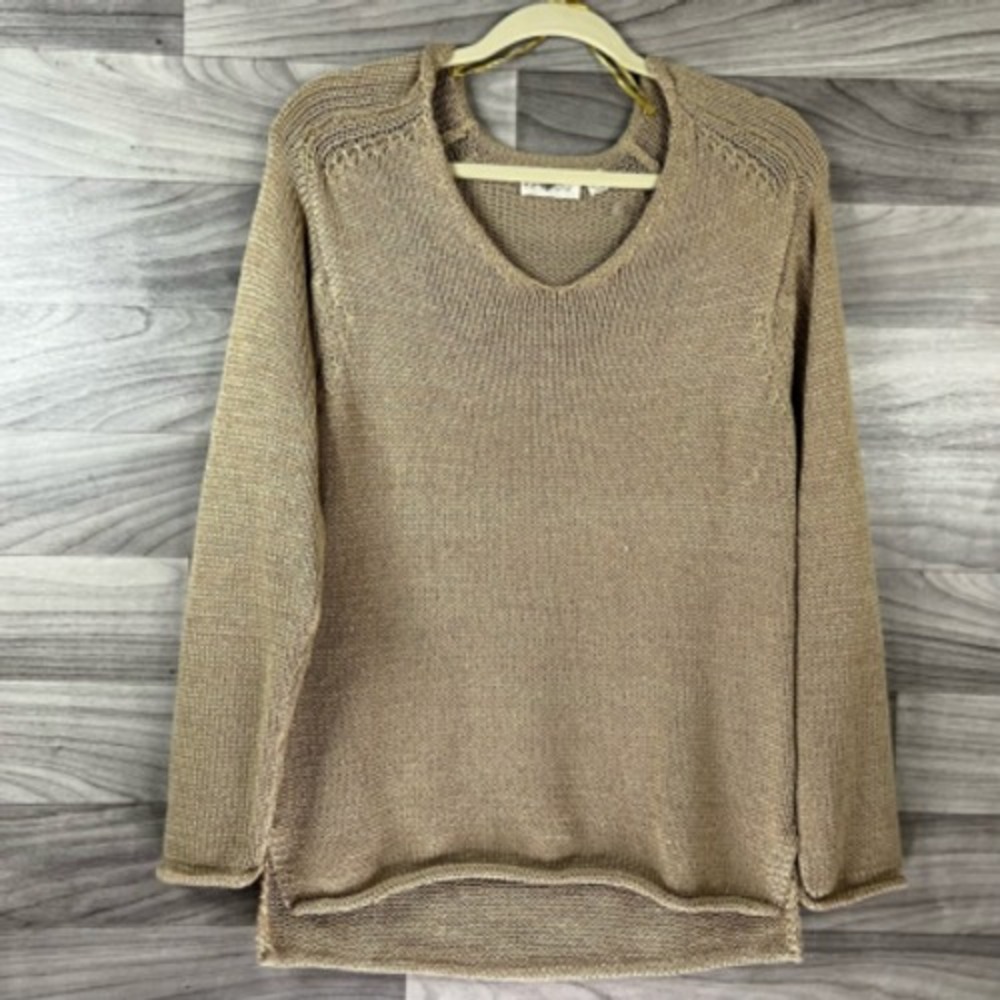 Retrod Womens Pullover Sweater Beige Long Sleeve V Neck Tight‎ Knit Slit S